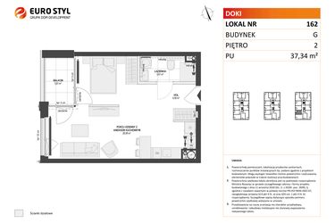 Rzut - Mieszkanie na sprzedaż 1 pokój o powierzchni 37,34 m² - numer G.162 w DOKI etap II (bud. G)