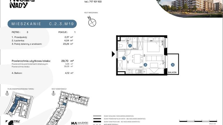 Rzut - Mieszkanie na sprzedaż 1 pokój o powierzchni 29,7 m² - numer C.2.3.M19 w Nowe Promenady etap II