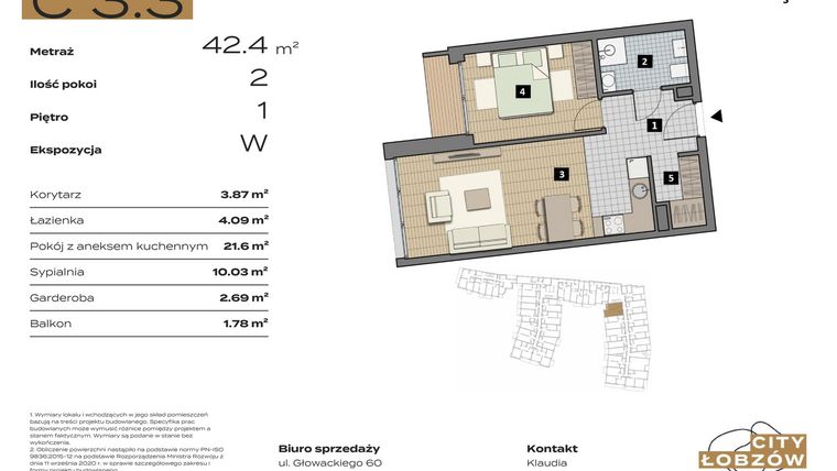 Rzut - Mieszkanie na sprzedaż 2 pokoje o powierzchni 42,46 m² - numer C 3.3 w City Łobzów