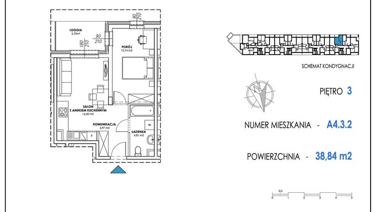 Rzut - Mieszkanie na sprzedaż 2 pokoje o powierzchni 38,84 m² - numer A4.3.2 w Apartamenty Nowe Miasto