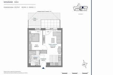 Rzut - Mieszkanie na sprzedaż 2 pokoje o powierzchni 43,33 m² - numer D.0.4 w Nowa Dąbrowa bud. DE
