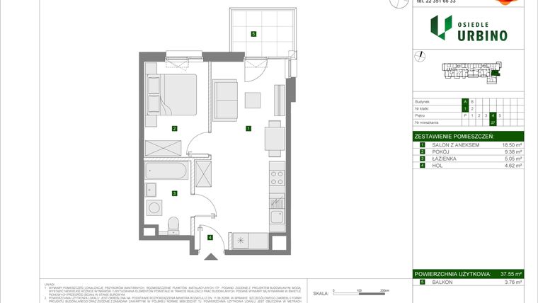Rzut - Mieszkanie na sprzedaż 2 pokoje o powierzchni 37,55 m² - numer A27 w Osiedle Urbino etap 4.1