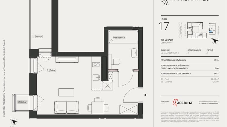 Rzut - Mieszkanie na sprzedaż 1 pokój o powierzchni 27,53 m² - numer 4.17 w Kamienna 28 - apartamenty inwestycyjne