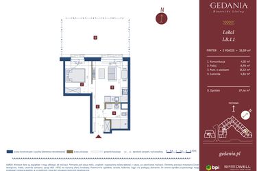 Rzut - Mieszkanie na sprzedaż 2 pokoje o powierzchni 33,09 m² - numer I.B.1.1 w GEDANIA Riverside Living - apartamenty inwestycyjne