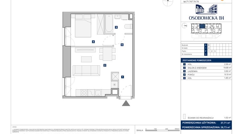 Rzut - Mieszkanie na sprzedaż 2 pokoje o powierzchni 38,73 m² - numer A.3 w Osobowicka 114