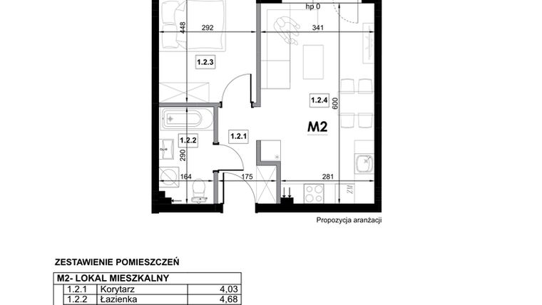 Rzut - Mieszkanie na sprzedaż 2 pokoje o powierzchni 41,42 m² - numer M2 w Miejska Premium II