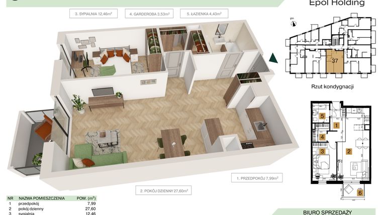 Rzut - Mieszkanie na sprzedaż 2 pokoje o powierzchni 56,01 m² - numer B1.M37 w Tutaj Bunscha