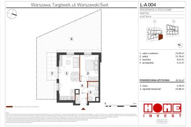 Rzut - Mieszkanie na sprzedaż 2 pokoje o powierzchni 42,56 m² - numer WS-L-A004 w Warszawski Świt etap XII