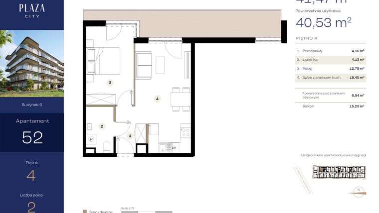 Rzut - Mieszkanie na sprzedaż 2 pokoje o powierzchni 41,47 m² - numer B6M52 w Plaza City