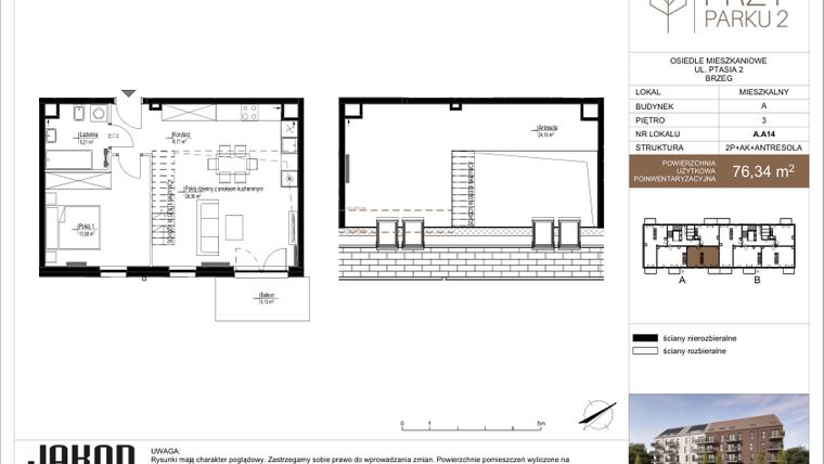 Rzut - Mieszkanie na sprzedaż 2 pokoje o powierzchni 76,34 m² - numer A.A14 w Przy Parku 2