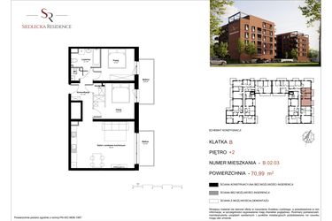 Rzut - Mieszkanie na sprzedaż 3 pokoje o powierzchni 72,33 m² - numer B-02-03 w Siedlecka Residence
