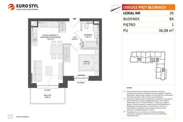Rzut - Mieszkanie na sprzedaż 2 pokoje o powierzchni 36,08 m² - numer B4.26 w Osiedle Przy Błoniach 3 etap III