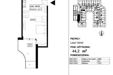 Rzut - Mieszkanie na sprzedaż 1 pokój o powierzchni 44,2 m² - numer 133 w Apollo Resort