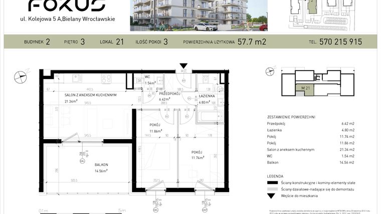 Rzut - Mieszkanie na sprzedaż 3 pokoje o powierzchni 57,7 m² - numer B2-21 w Fokus Bielany