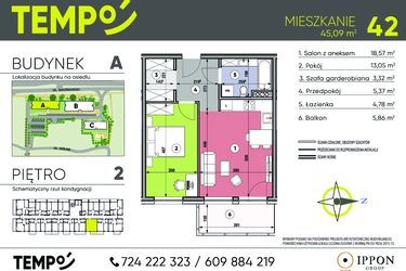 Rzut - Mieszkanie na sprzedaż 2 pokoje o powierzchni 45,09 m² - numer A42 w Osiedle TEMPO