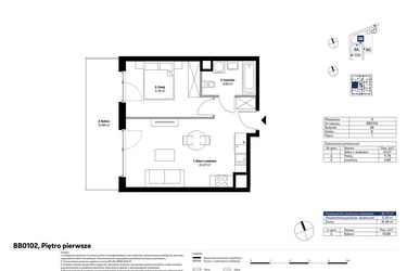 Rzut - Mieszkanie na sprzedaż 2 pokoje o powierzchni 40,71 m² - numer BB0102 w NU3 Warszawa Wola