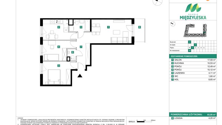 Rzut - Mieszkanie na sprzedaż 3 pokoje o powierzchni 65,09 m² - numer 49 w Osiedle Międzyleska - etap II
