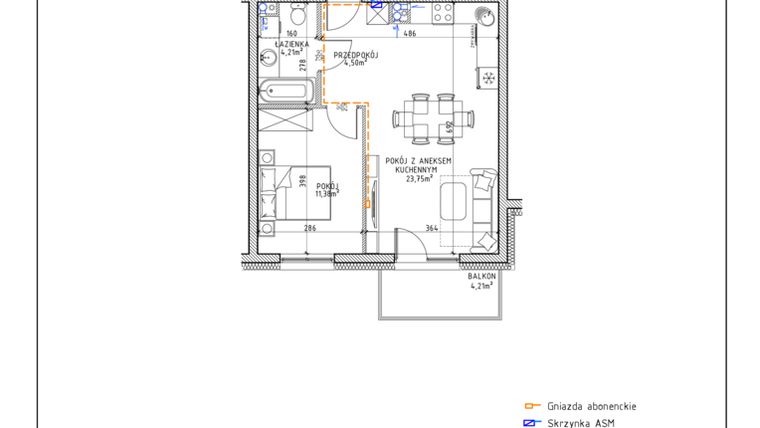 Rzut - Mieszkanie na sprzedaż 2 pokoje o powierzchni 43,84 m² - numer 48 w Osiedle OdNowa K5