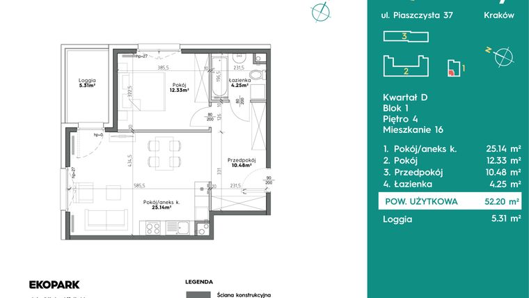 Rzut - Mieszkanie na sprzedaż 2 pokoje o powierzchni 52,2 m² - numer D1-16 w Slow City etap D