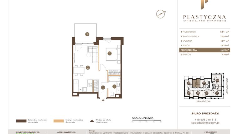 Rzut - Mieszkanie na sprzedaż 2 pokoje o powierzchni 46,24 m² - numer PK-LM-34 w Plastyczna Kamienica przy Sympatycznej