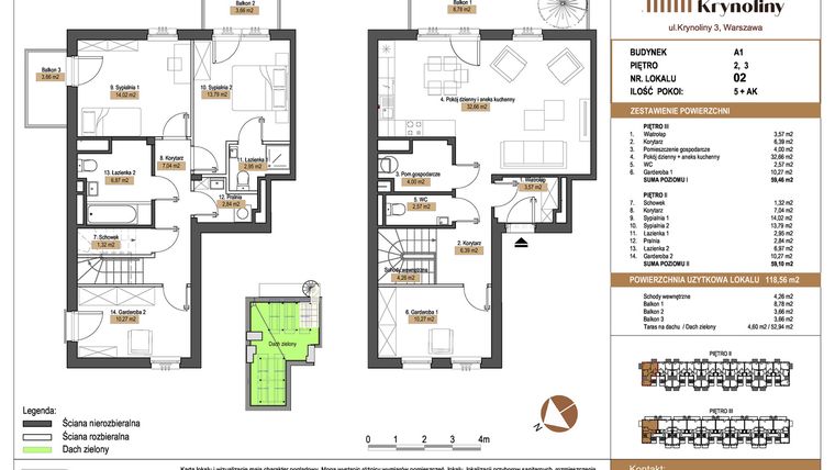 Rzut - Mieszkanie na sprzedaż 5 pokoi o powierzchni 118,56 m² - numer 02.A1 w Apartamenty Krynoliny