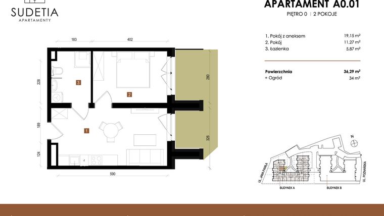 Rzut - Mieszkanie na sprzedaż 2 pokoje o powierzchni 36,29 m² - numer A 0.01 w Apartamenty Sudetia