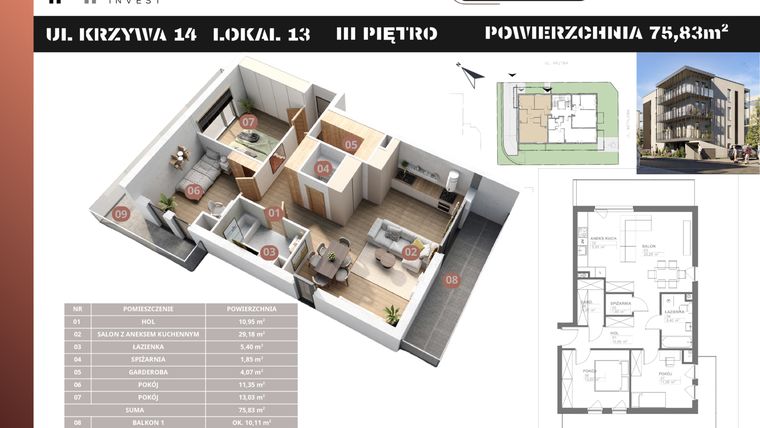 Rzut - Mieszkanie na sprzedaż 3 pokoje o powierzchni 75,83 m² - numer M13 w Stacja Krzywa