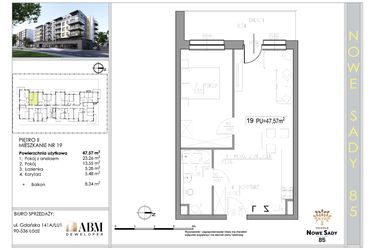 Rzut - Mieszkanie na sprzedaż 2 pokoje o powierzchni 47,62 m² - numer 19 w Nowe Sady 85