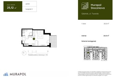 Rzut - Mieszkanie na sprzedaż 1 pokój o powierzchni 25,12 m² - numer 3.B.0.01 w Murapol Stoczniova