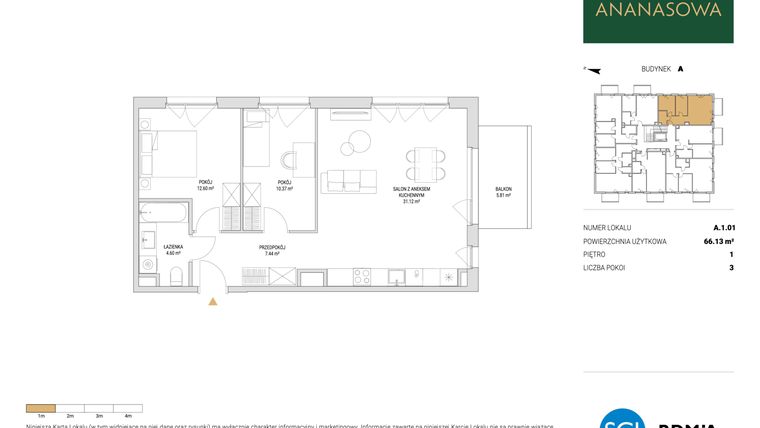 Rzut - Mieszkanie na sprzedaż 3 pokoje o powierzchni 66,13 m² - numer A.1.01 w Ananasowa