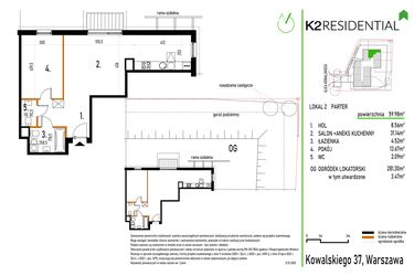 Rzut - Mieszkanie na sprzedaż 2 pokoje o powierzchni 59,98 m² - numer 2 w Kowalskiego 37