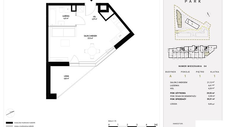 Rzut - Mieszkanie na sprzedaż 1 pokój o powierzchni 30,31 m² - numer A1.4 w Witosa Park