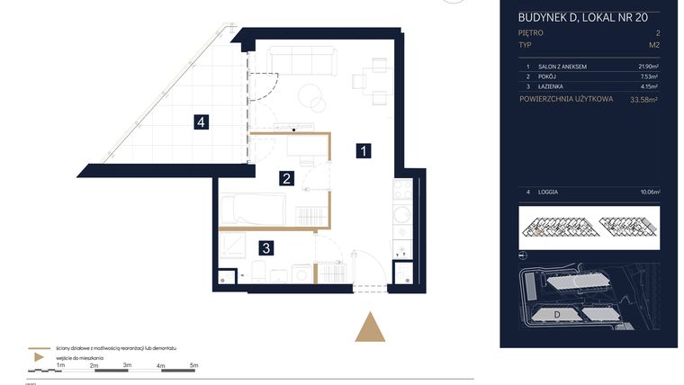 Rzut - Mieszkanie na sprzedaż 1 pokój o powierzchni 33,58 m² - numer D20 w Rezydencja Zegrze etap III