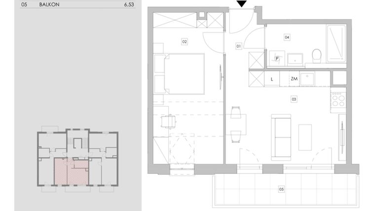 Rzut - Mieszkanie na sprzedaż 2 pokoje o powierzchni 36,44 m² - numer 92.3.11 w ATAL Bronowice