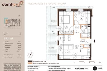 Rzut - Mieszkanie na sprzedaż 3 pokoje o powierzchni 54,4 m² - numer A1 w Domkove Widzew