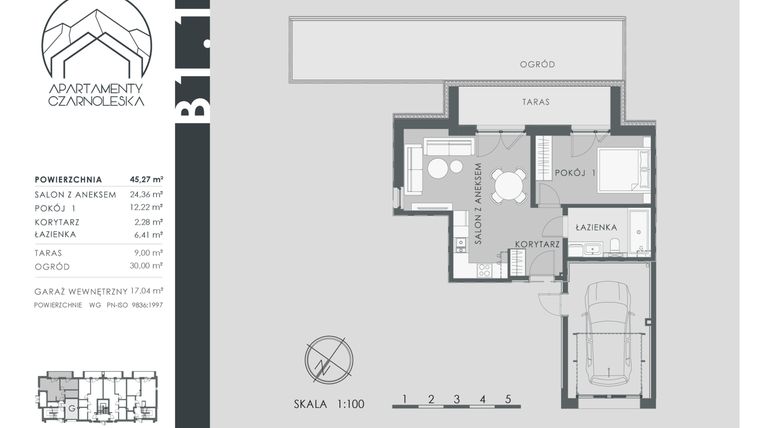 Rzut - Mieszkanie na sprzedaż 2 pokoje o powierzchni 45,27 m² - numer B1.1 w Apartamenty Czarnoleska