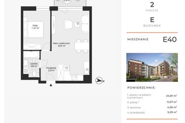 Rzut - Mieszkanie na sprzedaż 2 pokoje o powierzchni 45,53 m² - numer E40 w Na Koszutce II