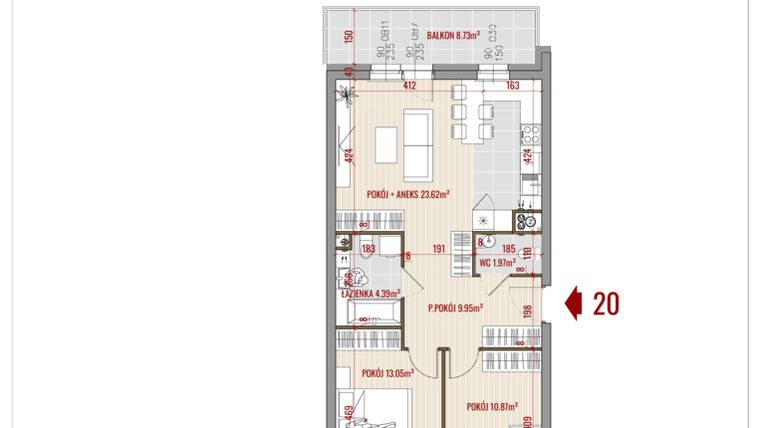 Rzut - Mieszkanie na sprzedaż 3 pokoje o powierzchni 63,85 m² - numer 20 w Zalesie