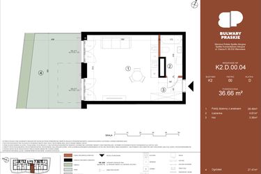 Rzut - Mieszkanie na sprzedaż 1 pokój o powierzchni 36,66 m² - numer K2.D.00.04 w Bulwary Praskie etap K i L
