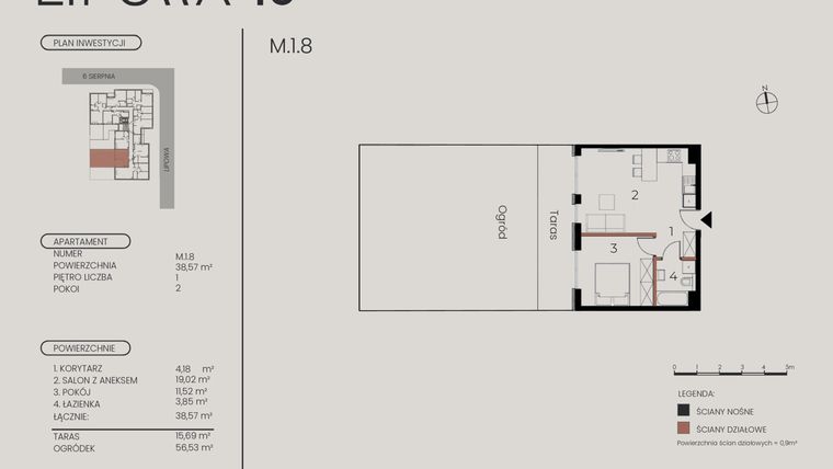 Rzut - Mieszkanie na sprzedaż 2 pokoje o powierzchni 38,57 m² - numer M.1.8 w Lipowa 43