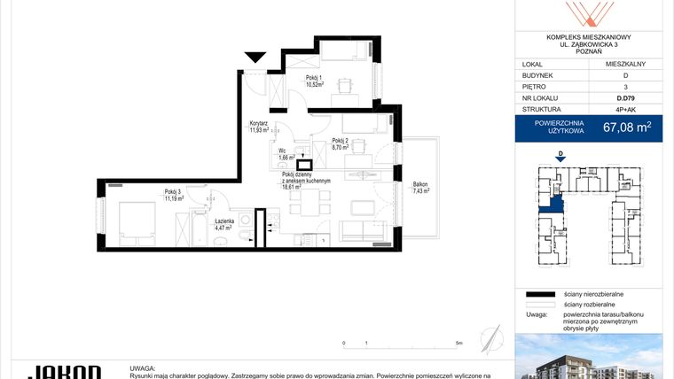 Rzut - Mieszkanie na sprzedaż 4 pokoje o powierzchni 67,08 m² - numer D.D79 w Wieruszowska D