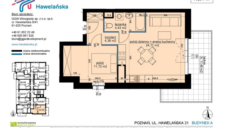 Rzut - Mieszkanie na sprzedaż 2 pokoje o powierzchni 45,61 m² - numer A/4/39 w Osiedle Hawelańska etap III - bud. A