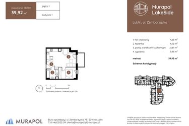 Rzut - Mieszkanie na sprzedaż 2 pokoje o powierzchni 39,92 m² - numer 1.B.1.03 w Murapol LakeSide