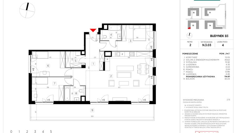 Rzut - Mieszkanie na sprzedaż 4 pokoje o powierzchni 114,61 m² - numer N.3.03 w CityFlow etap II