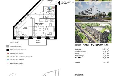 Rzut - Mieszkanie na sprzedaż 2 pokoje o powierzchni 39,5 m² - numer 110 w Apartamentowiec Zwycięska 3 - inwestycyjne