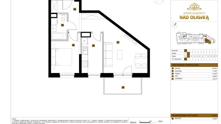 Rzut - Mieszkanie na sprzedaż 2 pokoje o powierzchni 44,58 m² - numer 63 w Apartamenty nad Oławką