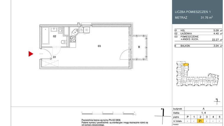 Rzut - Mieszkanie na sprzedaż 1 pokój o powierzchni 31,76 m² - numer L21 w Morwowa 5 - Apartamenty inwestycyjne