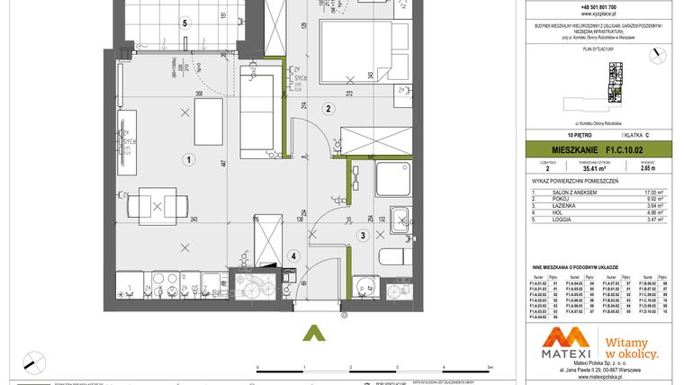 Rzut - Mieszkanie na sprzedaż 2 pokoje o powierzchni 35,41 m² - numer F1.C.10.02 w XYZ Place