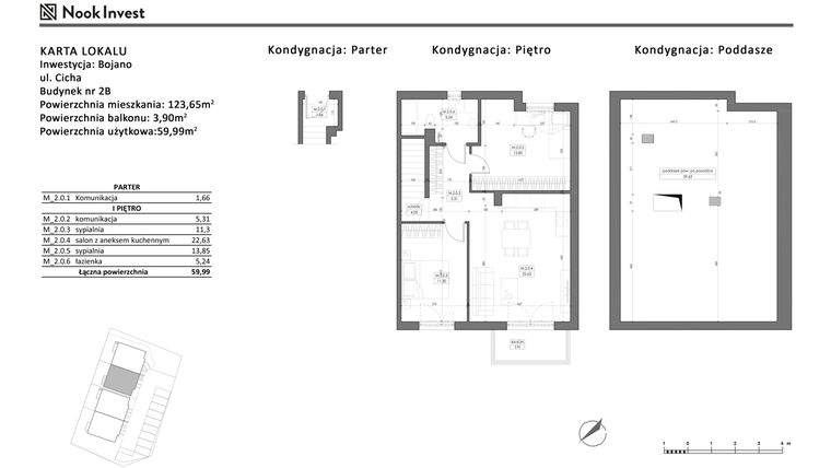 Rzut - Mieszkanie na sprzedaż 4 pokoje o powierzchni 59,99 m² - numer 2B w Bojano, ul. Cicha