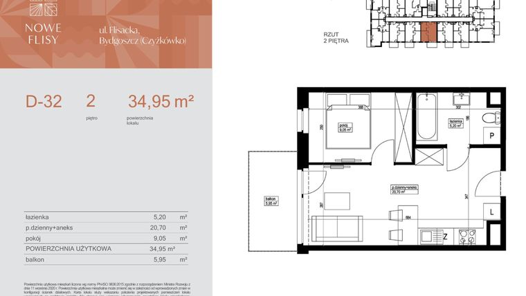 Rzut - Mieszkanie na sprzedaż 2 pokoje o powierzchni 34,95 m² - numer M32_NF.d w Nowe Flisy II